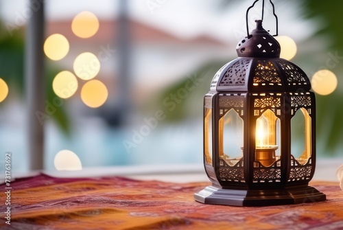 Amidst the blurred arches and glowing lights of a mosque's interior, a traditional Ramadan lantern takes center stage, its warm light enhancing the intricate carpet beneath it.
