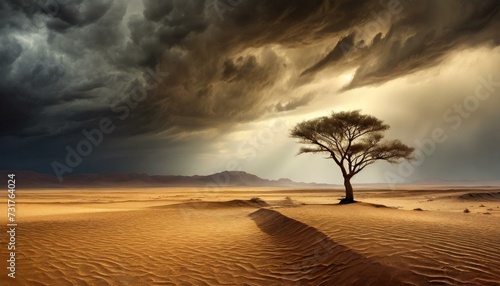 Across an endless desert  a lone tree on the horizon and dark ominous storm clouds 