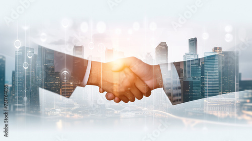 Double exposure image of two businessmen shaking hands with cityscape. Business, agreement and cooperation concept.