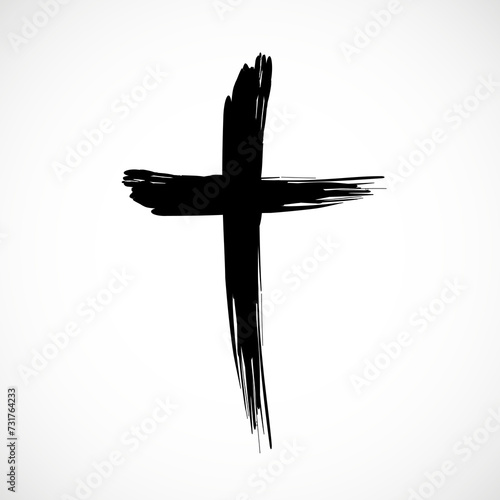 Black christian cross icon. Hand drawn christian cross. Grunge cross. Religion christian symbol. Vector illustration photo