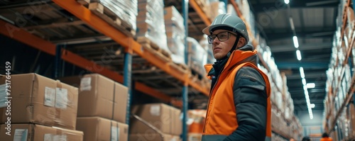 Worker with hard hemlet walking through big Warehouse full of Shelves with boxes.