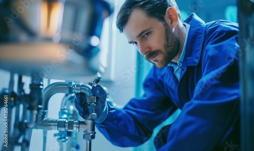Plumber in blue suit checking or fixing water tubes in heating system in technician room