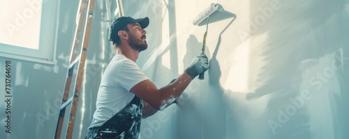 Painter using white roller for wall painting