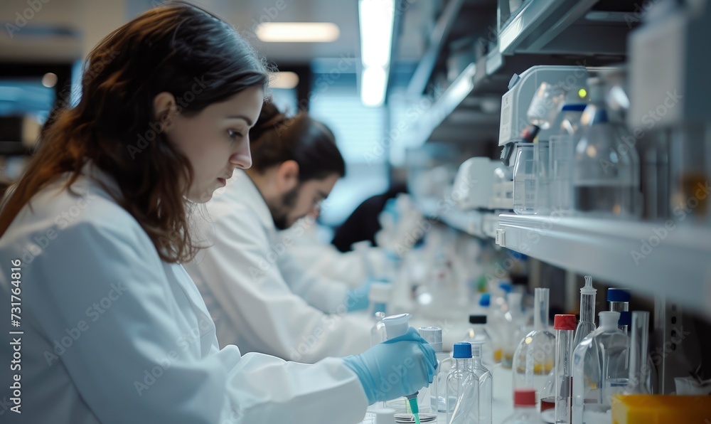 Fototapeta premium Scientists researching laboratory interior. Biochemical research scientist team