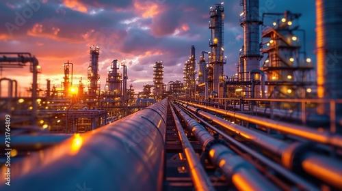 Close up Industrial view at oil refinery plant form industry zone with sunrise and cloudy sky