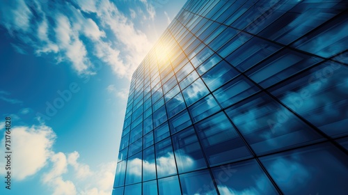 Exterior of office high rise building with glass wall on sunny day with blue sky and clouds reflection background