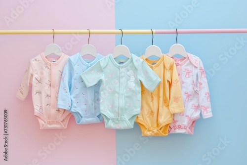 matching baby clothing set on hangers against a pastel wall