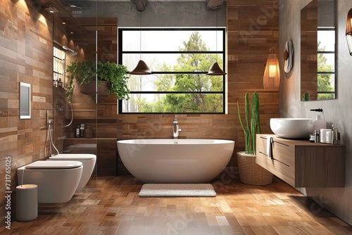 Modern stylish bathroom with white toilet bathtub and beige wooden walls in a minimalist style at simple apartment of hotel room or spa center. Interior design concept
