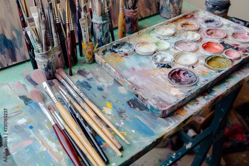 brushes and palettes on artists work table brushes and palettes on artists work table