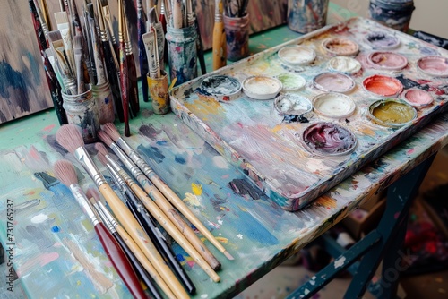 brushes and palettes on artists work table