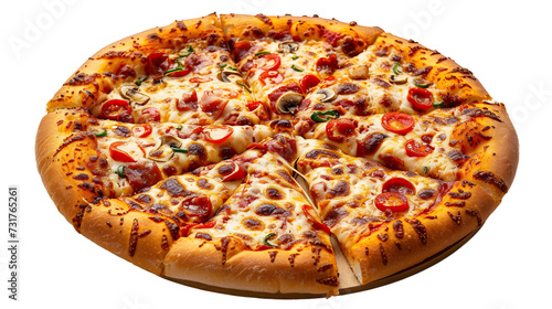 a pizza with a slice missing from it with a transparent background