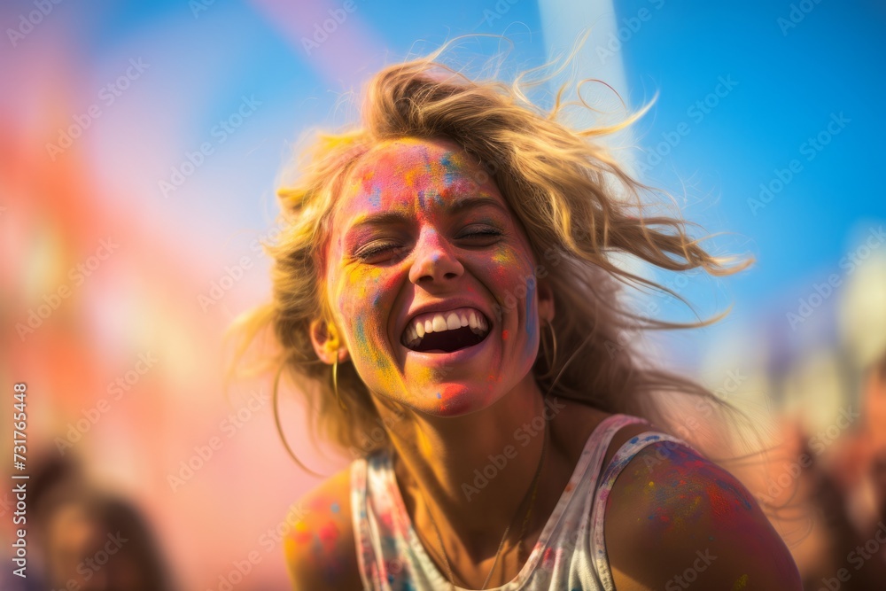 Close up Happy tourist woman on holi holiday in india on the street wearing colored powder
Close up Happy tourist woman on holi holiday in india on the street wearing colored powder