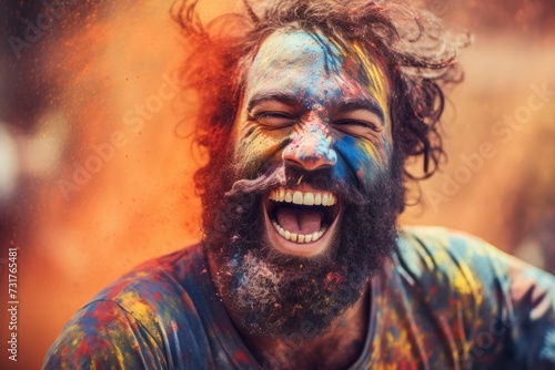 Close up Happy tourist man on holi holiday in india on the street wearing colored powder 