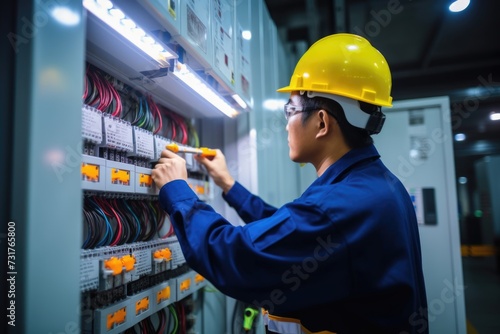 Electrical engineer measuring voltage in power distribution board.