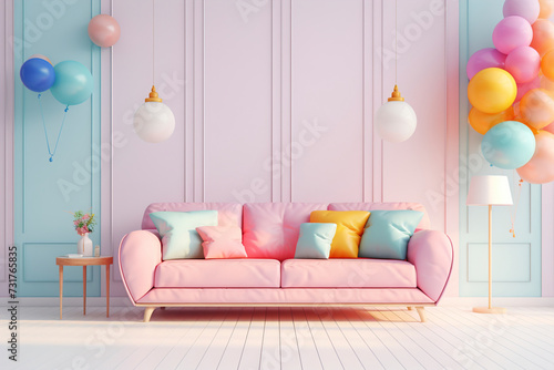 A dreamy pastel multicoloured room with a sofa in the middle.  Generative AI 