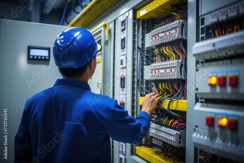 Electrical engineer measures current voltage for circuit breaker and wiring system.
