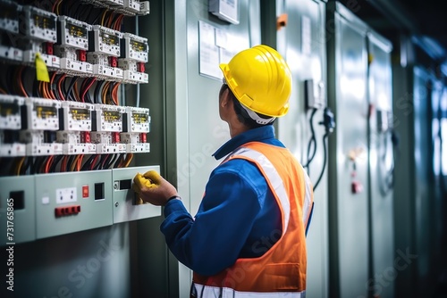 Electrical engineer measures current voltage for circuit breaker and wiring system. photo