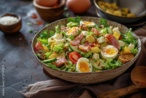 Cobb salad with boiled eggs and bacon photo