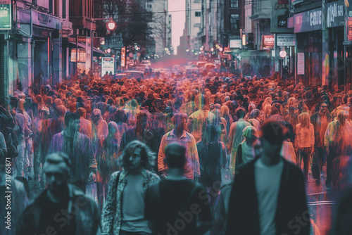 Psychedelic illustration with a crowd in a gothic or psychedelic city with lanterns