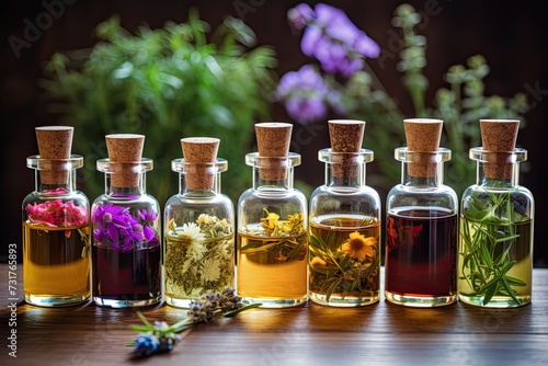 Essential Oils concept, essential oils and medical flowers herbs - aromatherapy, bottle, essential flowers and herbs,
