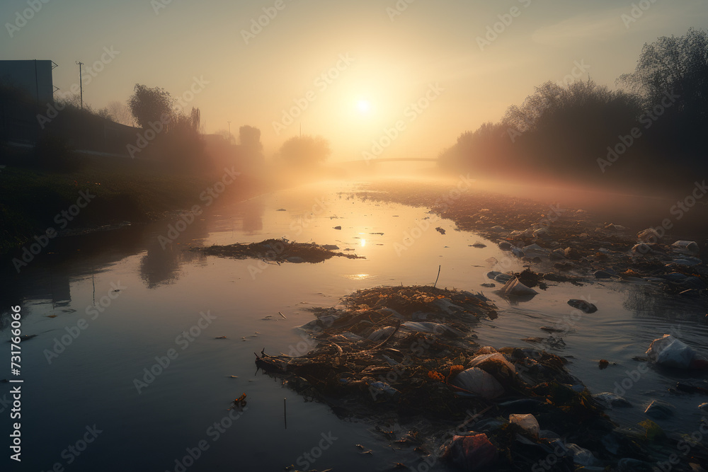 The sun casts a warm glow as it sets over a river, revealing trash scattered along the riverbank