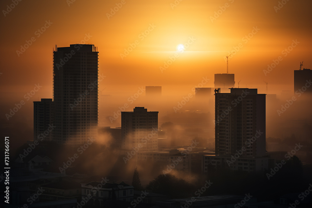 The sun is setting over a cityscape, revealing the towering presence of tall buildings against the evening sky