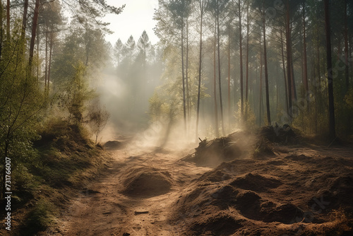 A dirt sand road winds through a dense forest with trees towering on either side