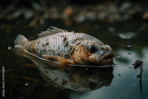 A lifeless fish floats motionless on the surface of the water