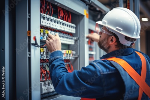 Electrician engineer checks control panel for high current and voltage