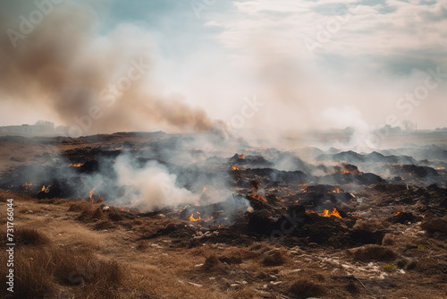 A field filled with heavy smoke billowing out from the ground, creating a hazy and obscured landscape