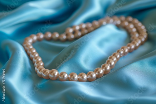 pearl necklace resting on blue silk, slightly coiled