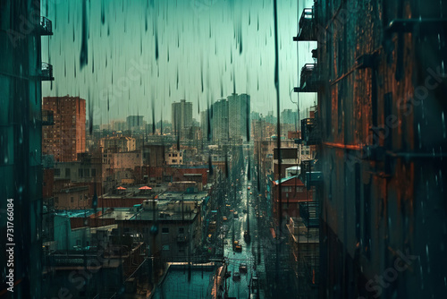 View from balcony on the city street filled with buildings and black rain. Ecology disaster concept