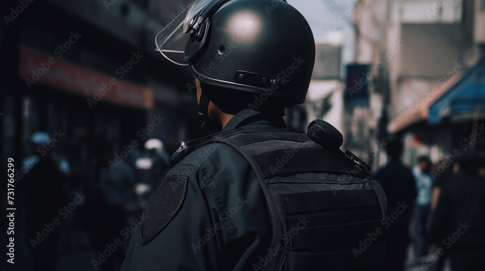 A man boldly stands in the middle of a street, helmet donned, as he embodies the spirit of protection and resilience