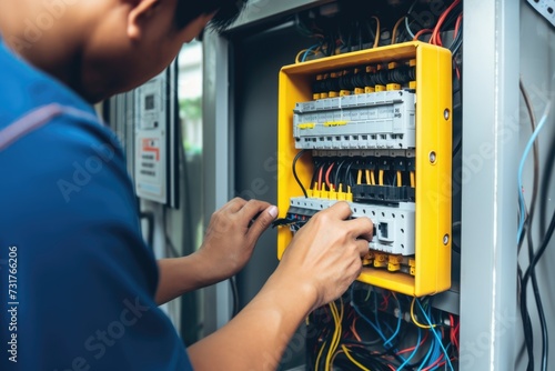 Engineer checks electricity with multimeter at circuit breaker.