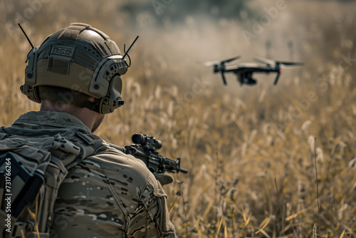 Soldier operating tactical drone in field