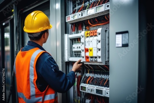 Electricity maintenance service Engineer checks voltage and wiring.