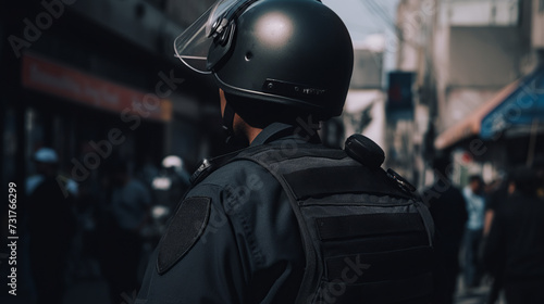 A man boldly stands in the middle of a street, helmet donned, as he embodies the spirit of protection and resilience