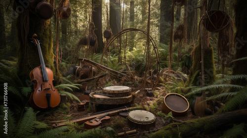 A violin and various musical instruments harmonizing amidst the serenity of the forest