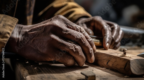 A skilled hands meticulously working on a piece of wood  revealing the essence of their artistic craftsmanship