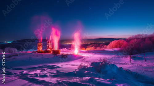 Multiple Smokestacks, colored in red and pink, standing tall against a snowy backdrop