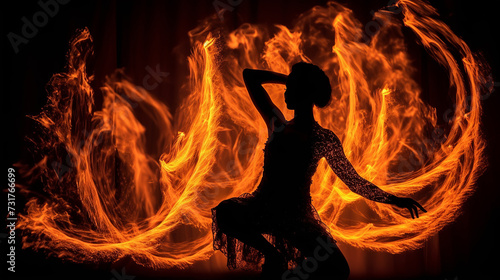 A silhouette of a woman that is dancing in front of flames