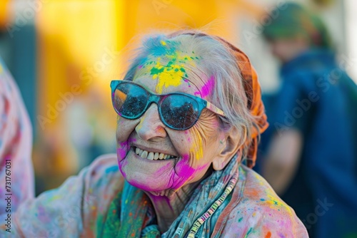 Close up Happy old tourist woman on holi holiday in india on the street wearing colored powder
