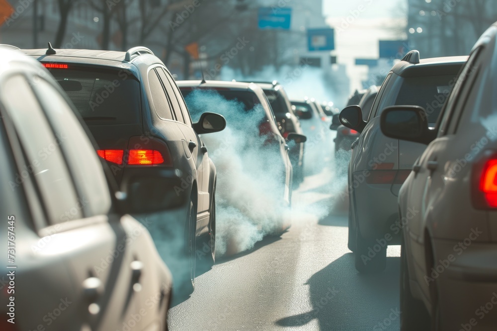 traffic jam on city road, focus on exhaust fumes traffic jam on city road, focus on exhaust fumes