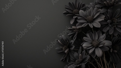 black flowers on a black background with space for text.