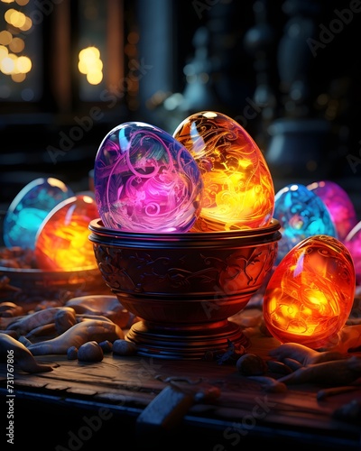 Colorful Easter eggs in a bowl on the background of the burning candles. Illustration of colorful Easter eggs in a wicker nest on a dark background. Generative AI