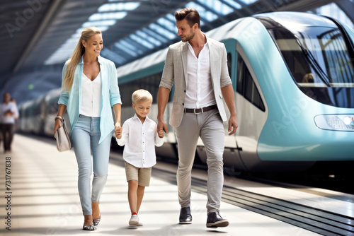 A family on a modern high speed train station platform. Concept of environmental benefits of today's eco-conscious family travel via low-emission public transport. Eco-friendly journey