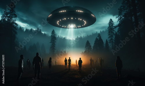 Eerie extraterrestrial beings with slender bodies advancing under a hovering UFO in a misty forest at twilight, depicting a sci-fi alien invasion photo