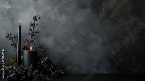 flowers with a burning candle on a black background with space for text.