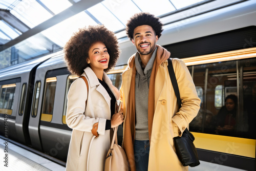 A stylish smiling African American couple stands on a modern high speed train station platform. Concept of environmental benefits and the convenience of low-emission public transport in a city life