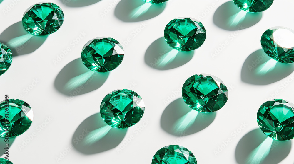 Luxurious pattern of emeralds on white background. Sparkle of gemstones. Precious stones jewelry concept. Generative AI Luxurious pattern of emeralds on white background. Sparkle of gemstones. Precious stones jewelry concept. Generative AI